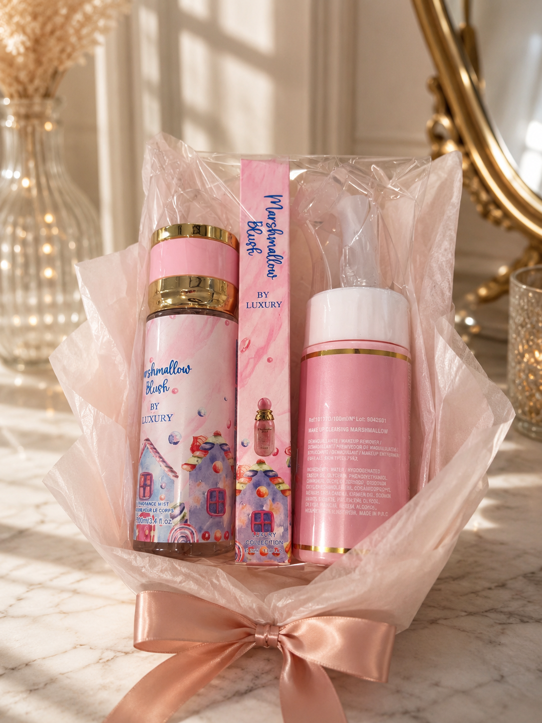 Coffret marshmallow ( 1 brume, 1 nettoyant visage, 1 parfums 35ml)