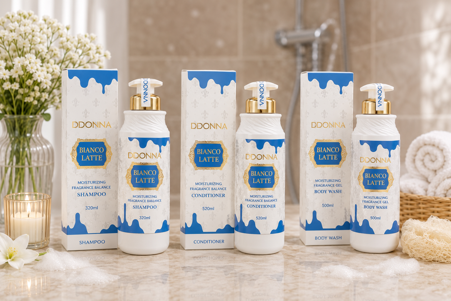 Lots bianco latte shampoing, gel douche, après shampoing 520 ml