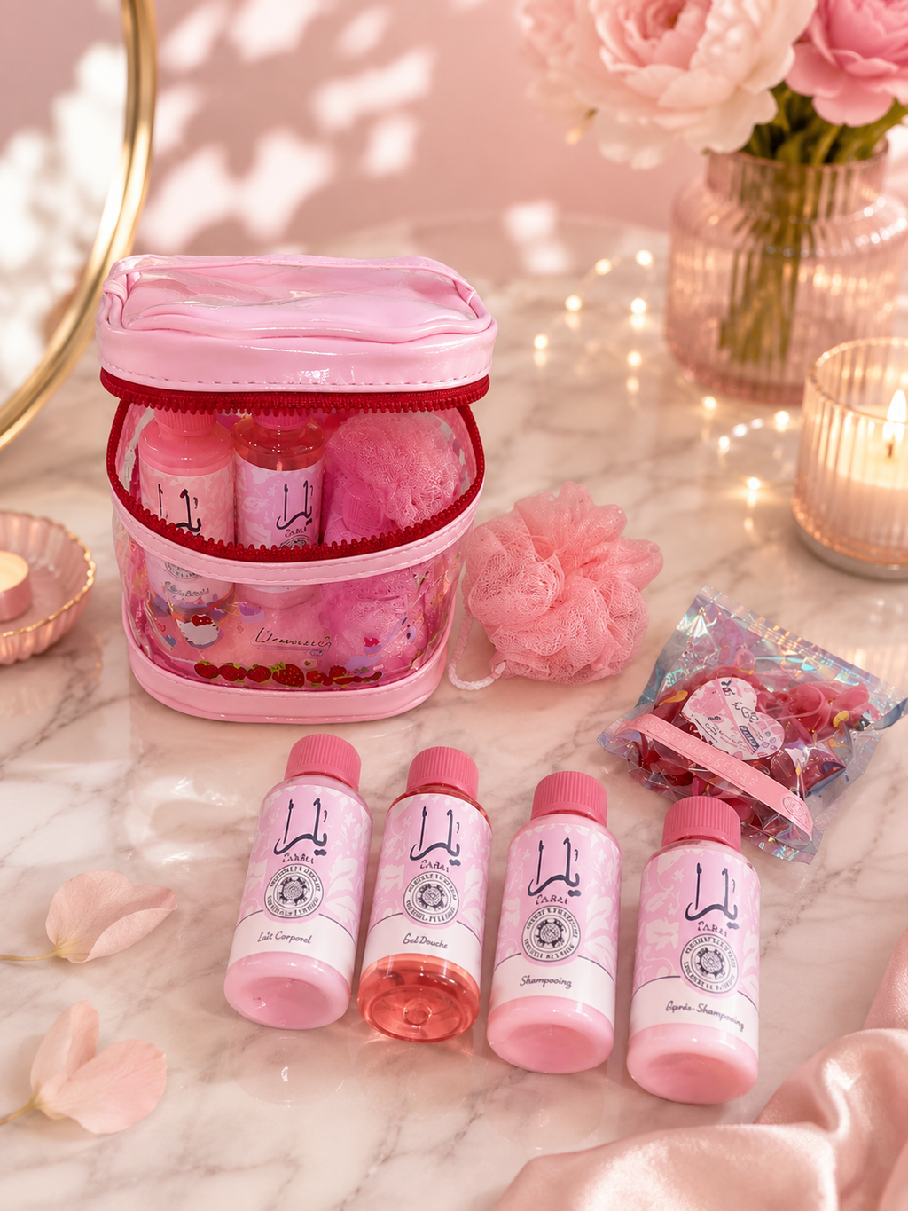 Coffret Yara Gel douche Shampoing Aprer Shampoing Creme corp Parfum 50ml Fleur de douche & Trousse de toillette